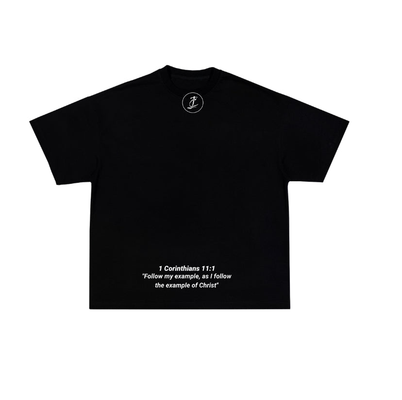 Black Boxy Oversized "Follow Me As I Follow Christ" Shirt