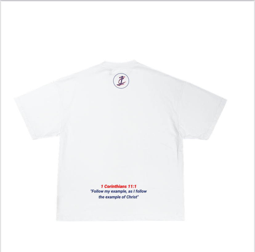 White Boxy Oversized " Follow Me As I Follow Christ" Shirt